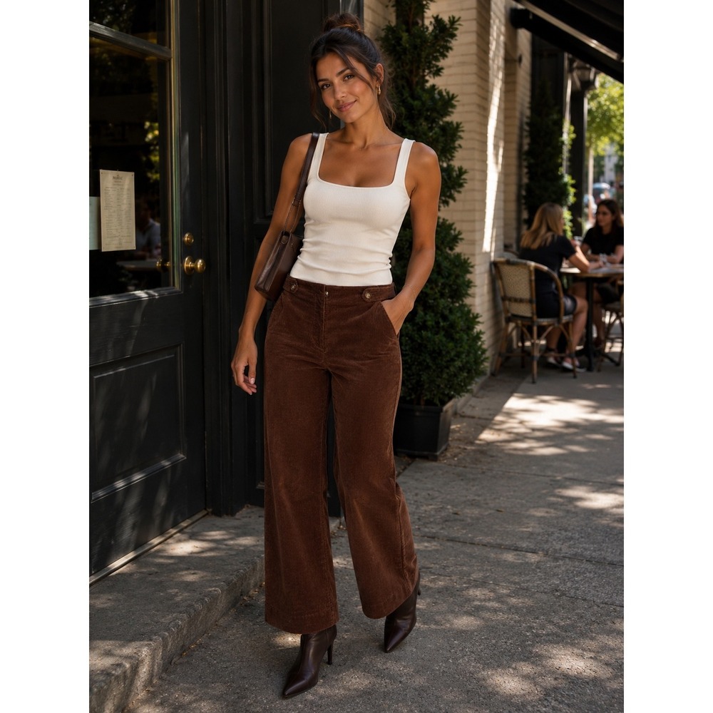 Veronica Beard Brown Corduroy Wide Leg Trousers Button Tab Pants Size 4